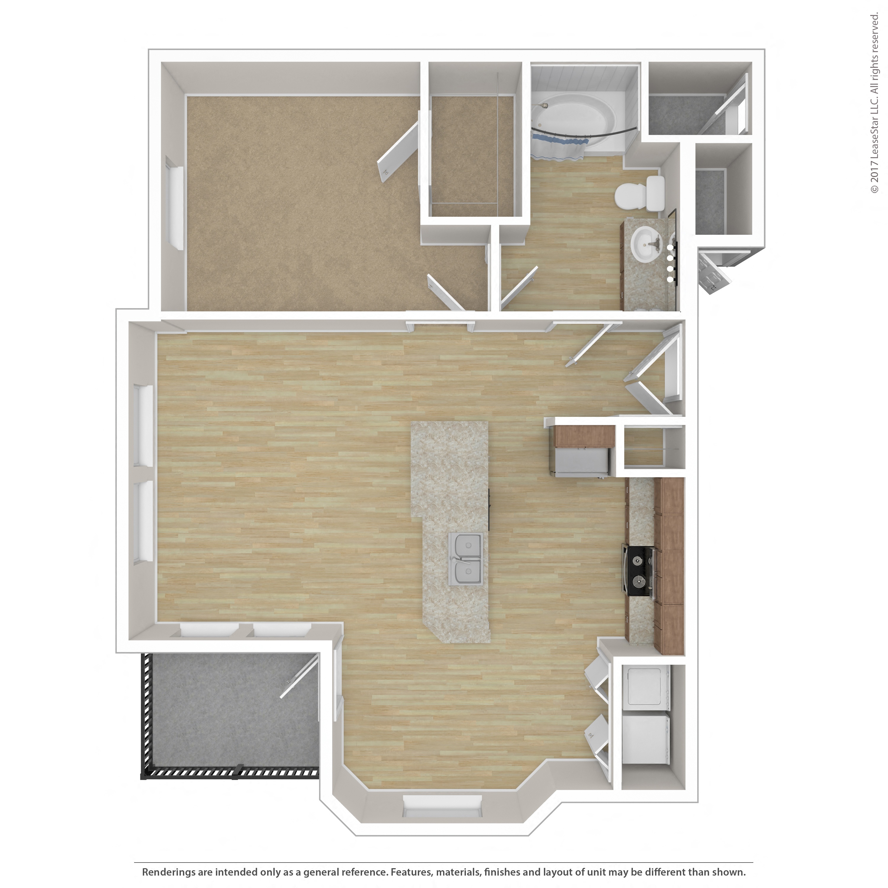 Floor plan for 1 bed, 1 bath, 833 sqft